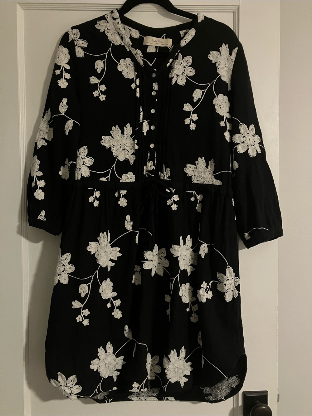 Black Floral Embroidered Peasant Dress with Button Front